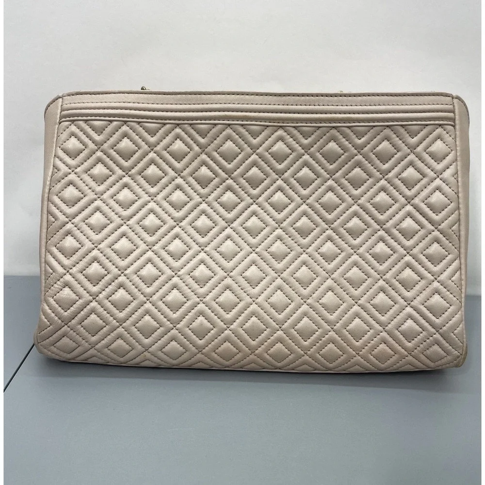 Tory Burch Fleming Open Shoulder Bag Purse Beige Nude Large Soft Leather